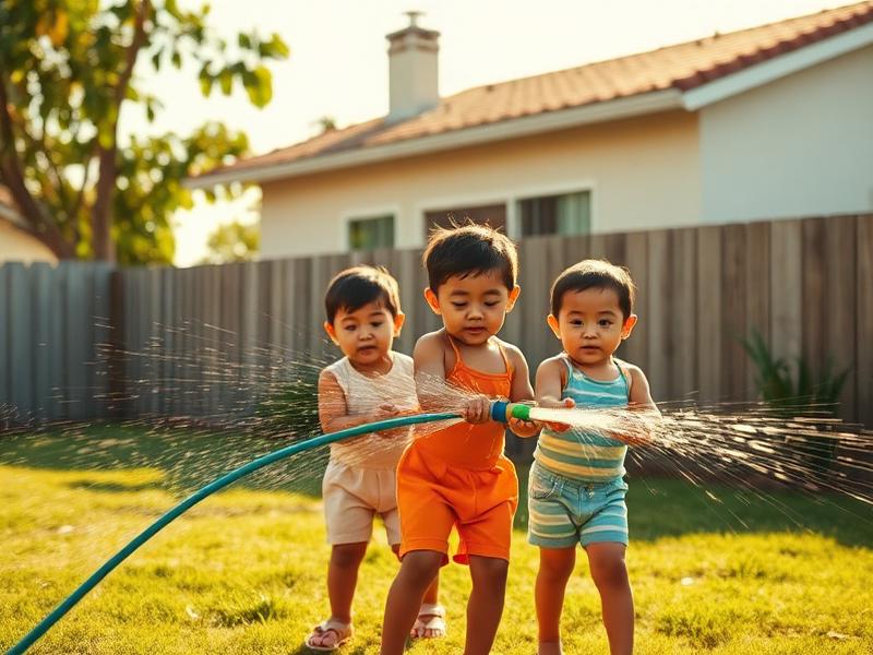 Young kids playing in a suburban backyard