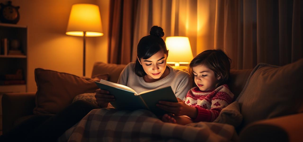 Family relaxing at home, warm evening light