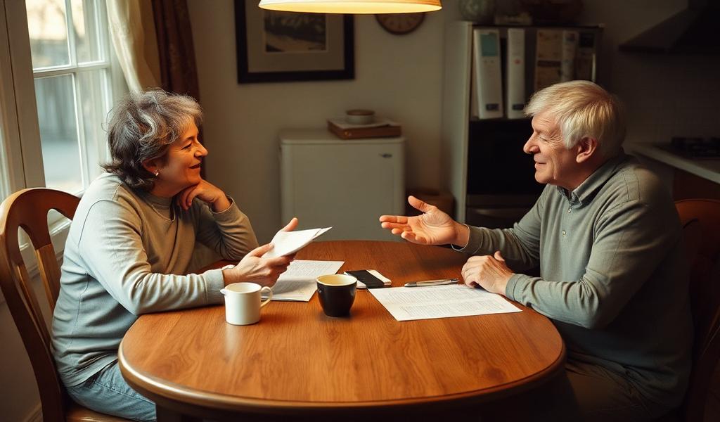 Two people having a relaxed conversation at a kitchen table