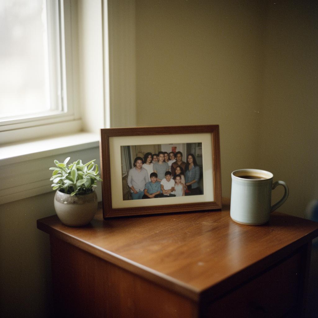 A framed family photograph on a wooden table